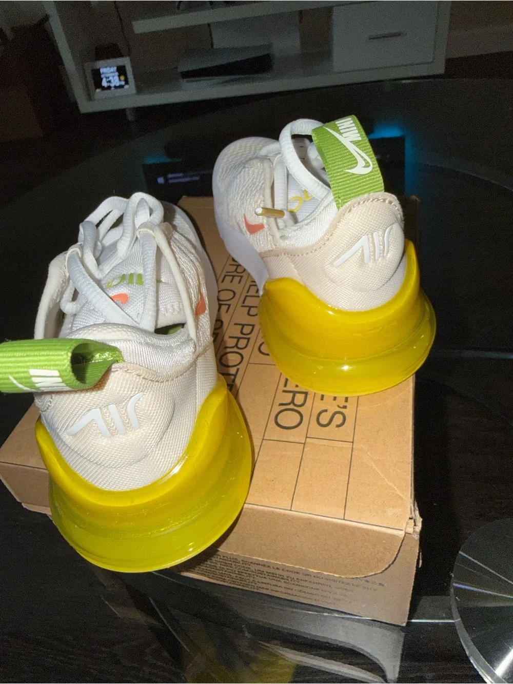 Nike Kids White and Pale Yellow Sneakers with Neon Green Accents